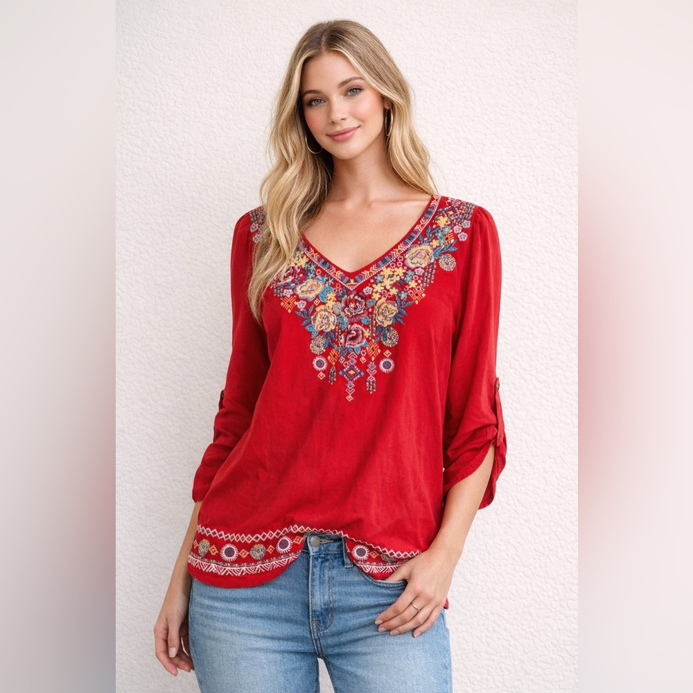 Savanna Jane Red Embroidered Boho Blouse Floral V Neck Size S
